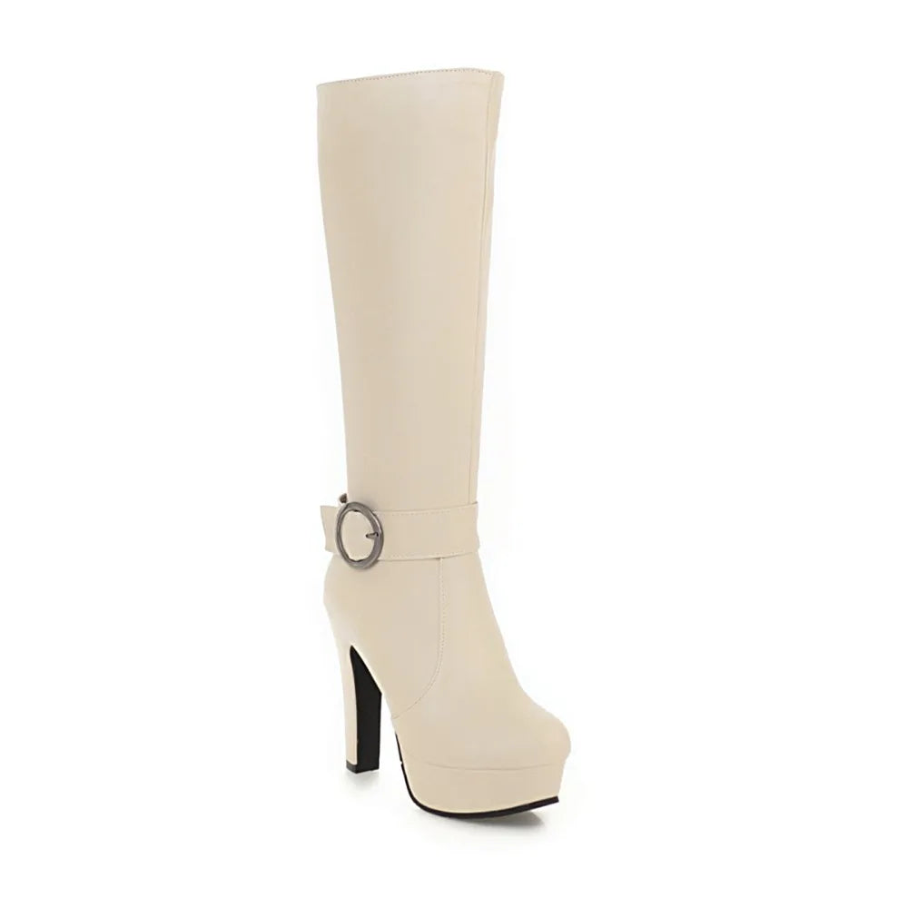 Beige faux leather knee-high boot with a platform sole, high heel, and ankle strap featuring a round metal buckle.