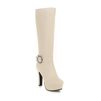 Beige faux leather knee-high boot with a platform sole, high heel, and ankle strap featuring a round metal buckle.