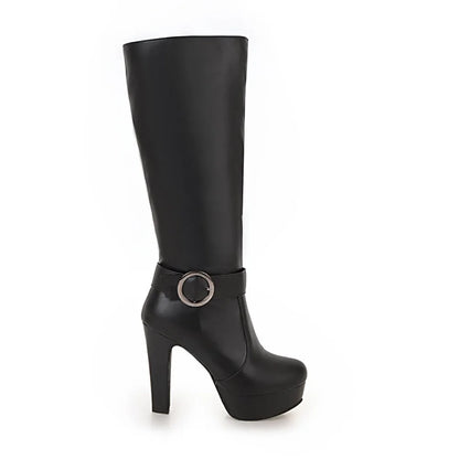 Black faux leather knee-high boot with a platform, high block heel, and ankle strap featuring a round buckle.