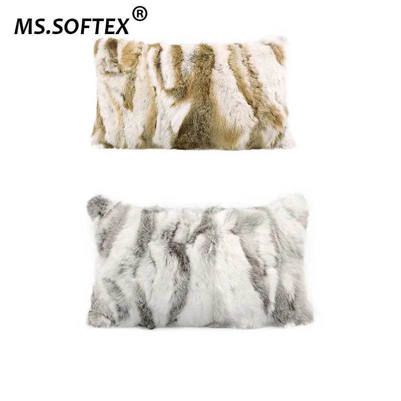 MS.Softex Natural Fur Pillow Case Patchwork Real Rabbit Fur Pillow Cover Soft Plush Cushion Cover Home Decoration