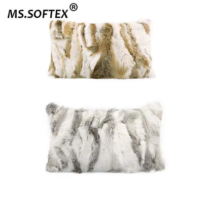 MS.Softex Natural Fur Pillow Case Patchwork Real Rabbit Fur Pillow Cover Soft Plush Cushion Cover Home Decoration
