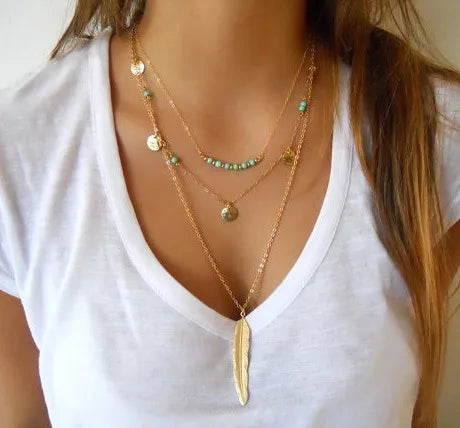 Gold multilayer necklace with turquoise beads, coin charms, and a feather pendant.