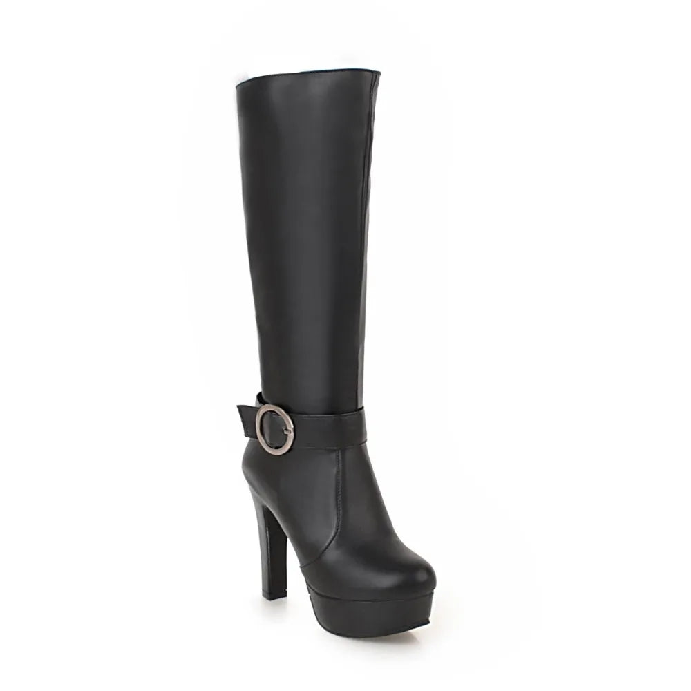 Black faux leather knee-high boot with platform, high heel, and ankle strap featuring a round metal buckle.