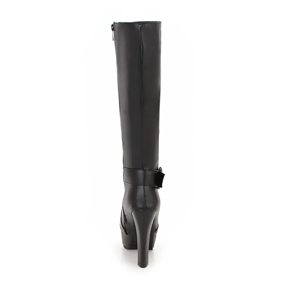 Black knee-high platform boot with a high heel, side zipper, and ankle buckle strap.