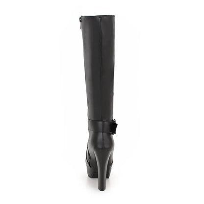 Black knee-high platform boot with a high heel, side zipper, and ankle buckle strap.