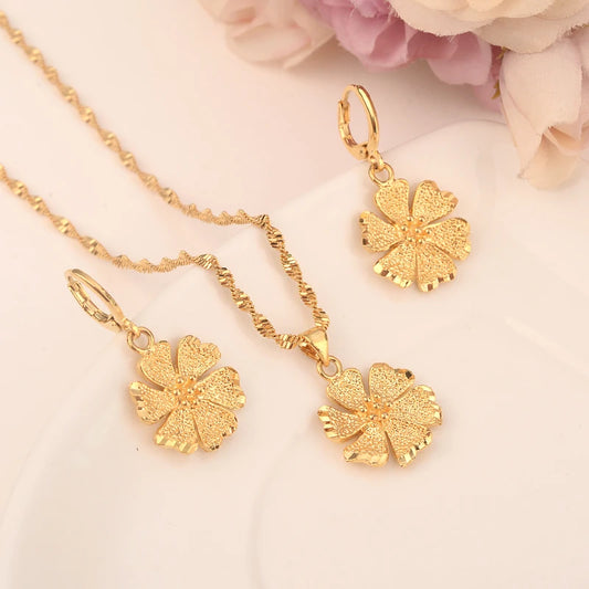 Dubai Gold Flower Jewelry Sets for Women 18K Plating Earrings and Pendant with Necklace Fashion Party Jewelry