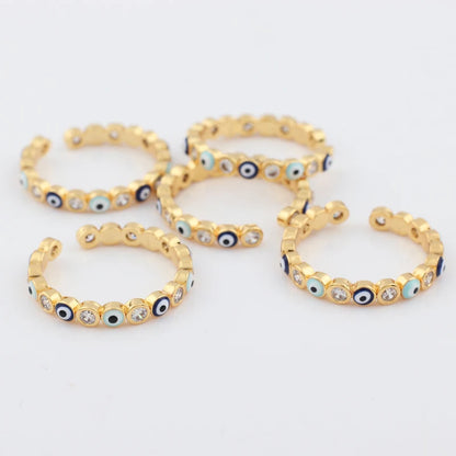 Adjustable Ring with Blue Evil Eye Open Copper Gold Tone Zircon Accent