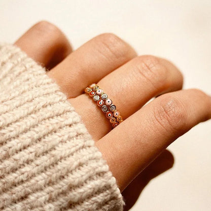 Adjustable Ring with Blue Evil Eye Open Copper Gold Tone Zircon Accent