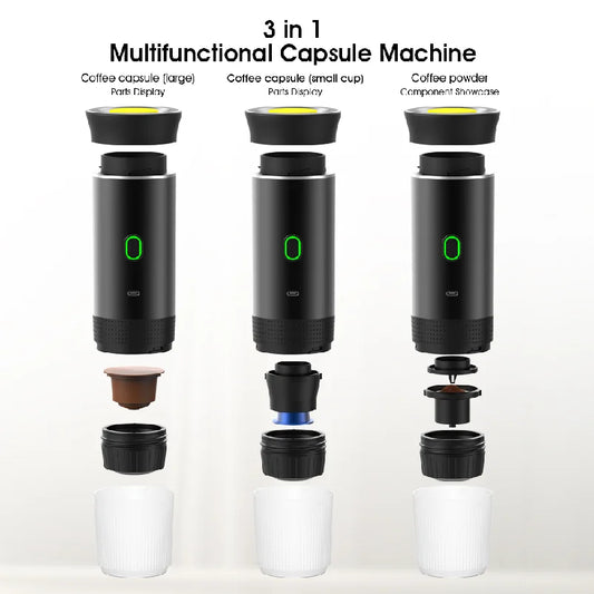Three portable capsule coffee makers showing large capsule, small capsule, and coffee powder component displays.