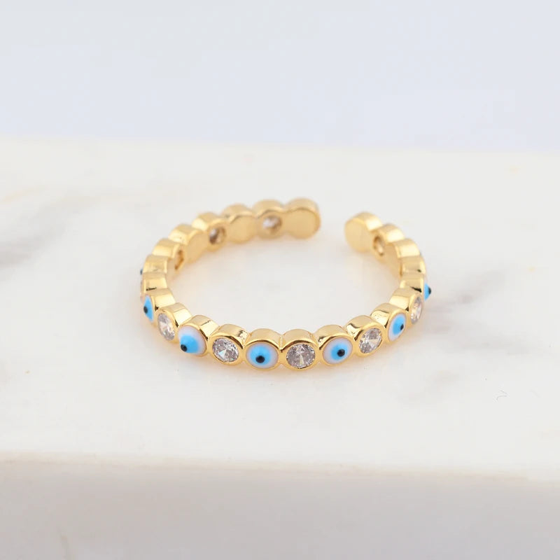 Adjustable Ring with Blue Evil Eye Open Copper Gold Tone Zircon Accent