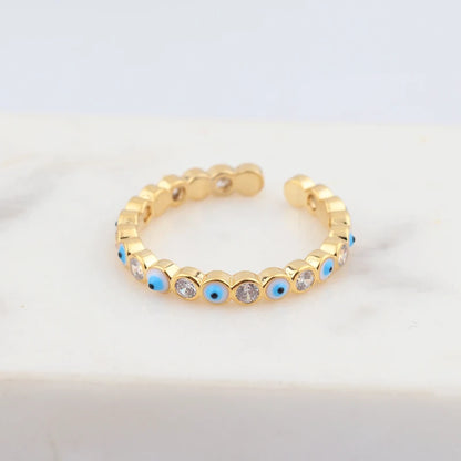 Adjustable Ring with Blue Evil Eye Open Copper Gold Tone Zircon Accent