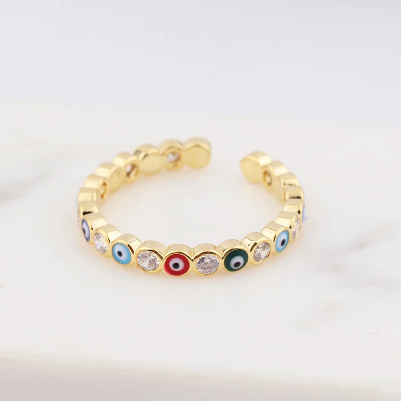 Adjustable Ring with Blue Evil Eye Open Copper Gold Tone Zircon Accent