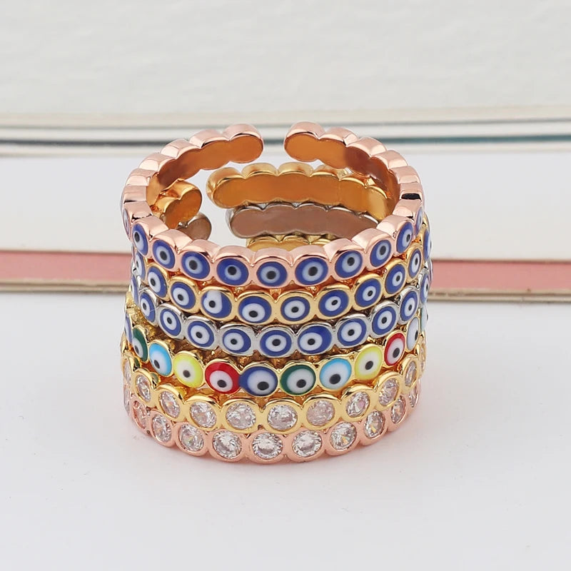 Adjustable Ring with Blue Evil Eye Open Copper Gold Tone Zircon Accent