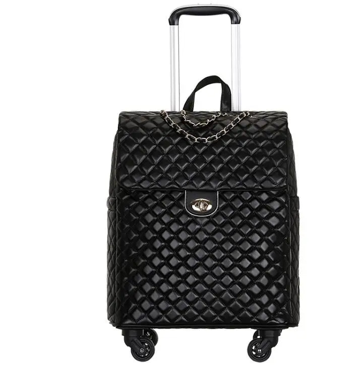 Black quilted PU leather rolling luggage with a chain strap, flap closure, and a retractable handle.