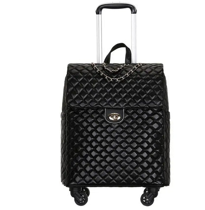 Black quilted PU leather rolling luggage with a chain strap, flap closure, and a retractable handle.
