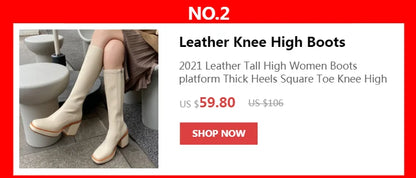 Beige leather knee-high boots with square toe, thick block heel, and platform sole.
