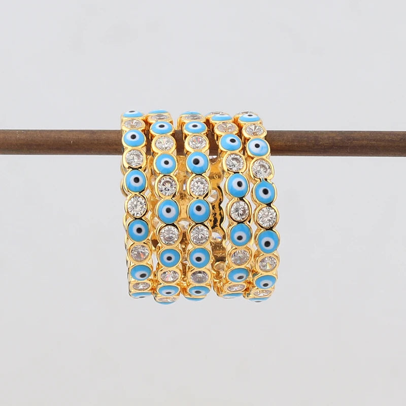 Adjustable Ring with Blue Evil Eye Open Copper Gold Tone Zircon Accent
