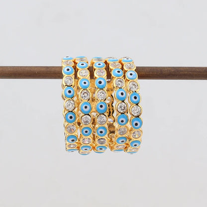 Adjustable Ring with Blue Evil Eye Open Copper Gold Tone Zircon Accent
