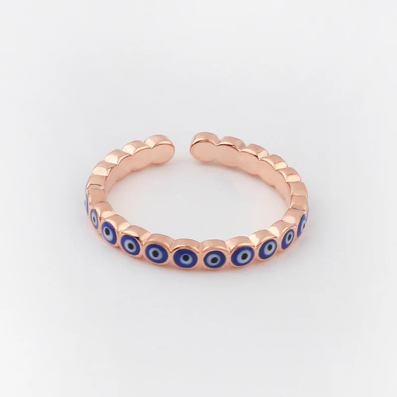 Adjustable Ring with Blue Evil Eye Open Copper Gold Tone Zircon Accent
