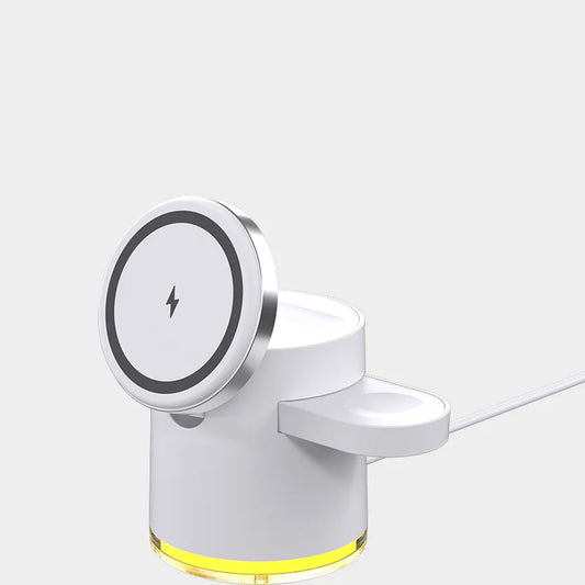 Wireless charging dock station with magnetic pad and base illumination