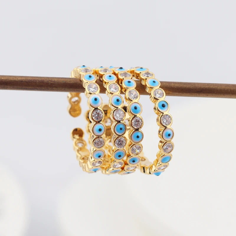 Adjustable Ring with Blue Evil Eye Open Copper Gold Tone Zircon Accent