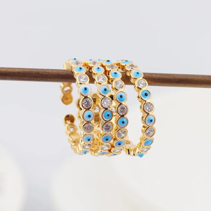 Adjustable Ring with Blue Evil Eye Open Copper Gold Tone Zircon Accent