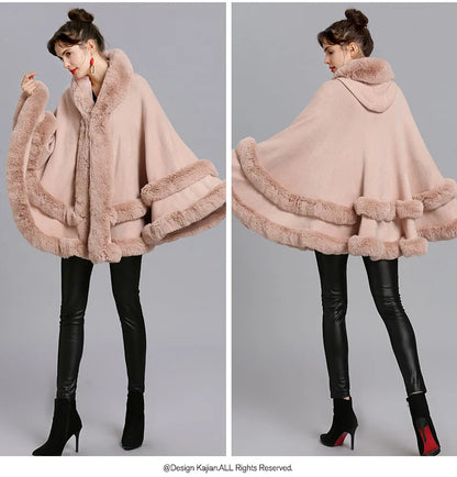 7 Women 2 Circle Fur Poncho Shawl Cloak With Hat Faux Fur Cape Big Pendulum Dovetail Cardigan Winter Warm Thick Loose Overcoat