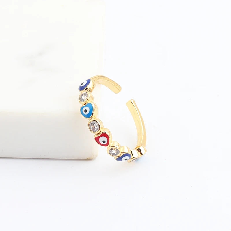 Adjustable Ring with Blue Evil Eye Open Copper Gold Tone Zircon Accent