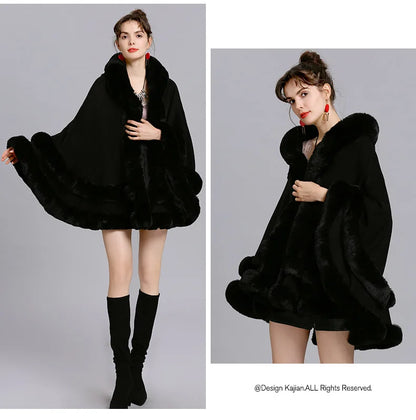 7 Women 2 Circle Fur Poncho Shawl Cloak With Hat Faux Fur Cape Big Pendulum Dovetail Cardigan Winter Warm Thick Loose Overcoat