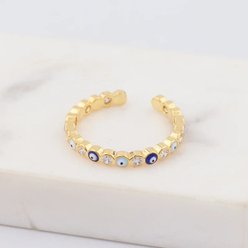 Adjustable Ring with Blue Evil Eye Open Copper Gold Tone Zircon Accent