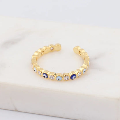 Adjustable Ring with Blue Evil Eye Open Copper Gold Tone Zircon Accent