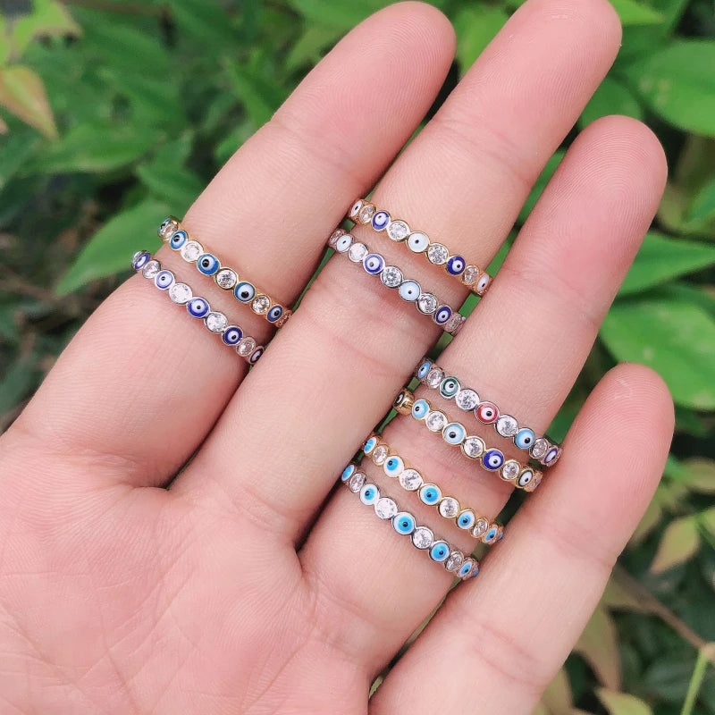 Adjustable Ring with Blue Evil Eye Open Copper Gold Tone Zircon Accent