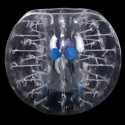 Clear, transparent TPU bumper ball with blue interior straps for outdoor sports games.