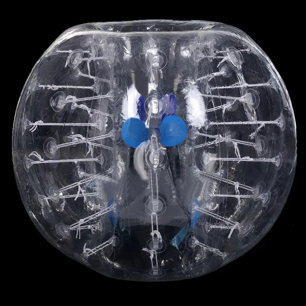 Clear, inflatable TPU bubble suit with blue shoulder straps and internal cords for outdoor sports games.