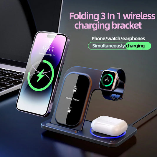 3-in-1 Magnetic Wireless Charger with Night Light Earphone Hot 3 in 1 Wireless Chargers for iPhone Smart Phones