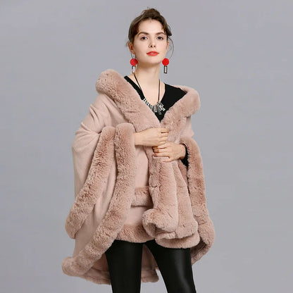 7 Women 2 Circle Fur Poncho Shawl Cloak With Hat Faux Fur Cape Big Pendulum Dovetail Cardigan Winter Warm Thick Loose Overcoat
