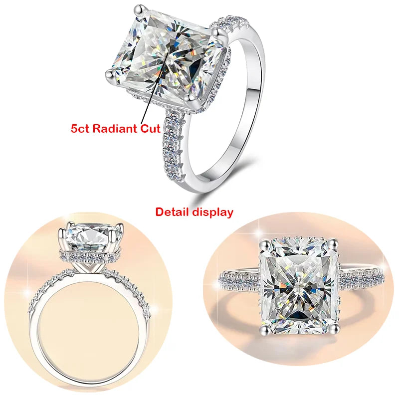Radiant Ring Moissanite Claw Setting in Sterling Silver for Engagement