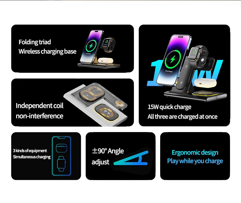 LED Lamp 3-in-1 Foldable Wireless Charger with 15W Fast Charging