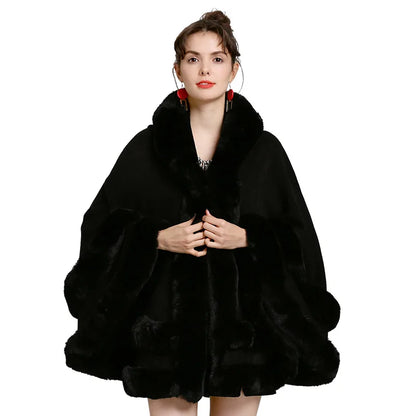 7 Women 2 Circle Fur Poncho Shawl Cloak With Hat Faux Fur Cape Big Pendulum Dovetail Cardigan Winter Warm Thick Loose Overcoat