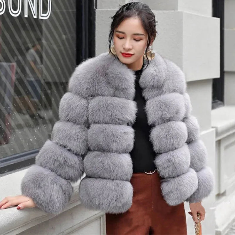 Luxe Women Custom Winter Eco Recycle Sustainable Artificial Faux Mink Fox Fur Stand Collar European Style Coat With Fur