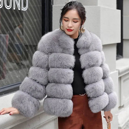 Luxe Women Custom Winter Eco Recycle Sustainable Artificial Faux Mink Fox Fur Stand Collar European Style Coat With Fur