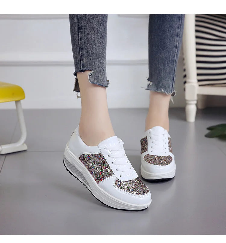 Women's Sequins Fashion Trendy Casual Shoes Thick Bottom Increase Anti-slip Ladies Muffin Shoes Breathable Women's Walking Shoes