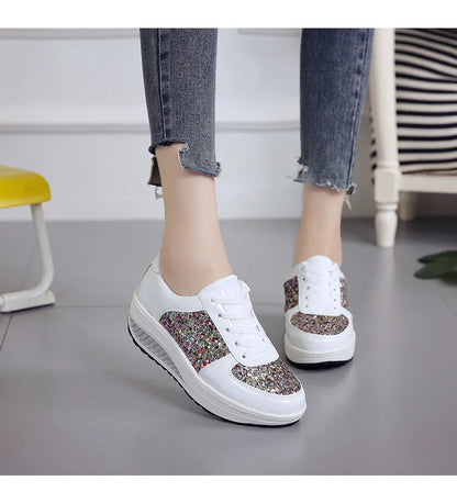 Women's Sequins Fashion Trendy Casual Shoes Thick Bottom Increase Anti-slip Ladies Muffin Shoes Breathable Women's Walking Shoes