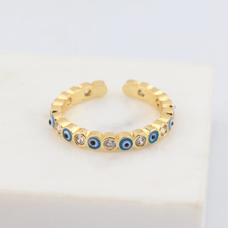 Adjustable Ring with Blue Evil Eye Open Copper Gold Tone Zircon Accent