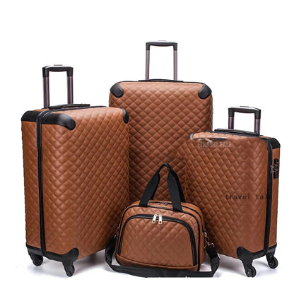 Brown quilted leather luggage set including three spinner suitcases and a matching handbag.