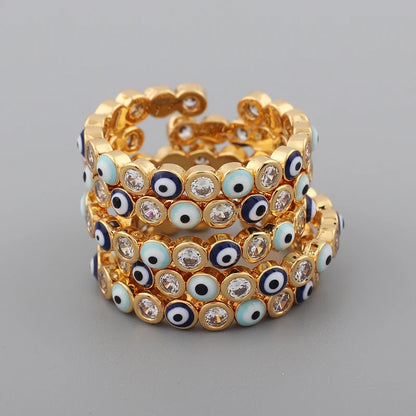 Adjustable Ring with Blue Evil Eye Open Copper Gold Tone Zircon Accent