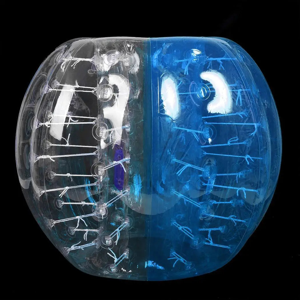 Clear and blue inflatable TPU body bumper ball with internal ropes for outdoor recreational sports games.