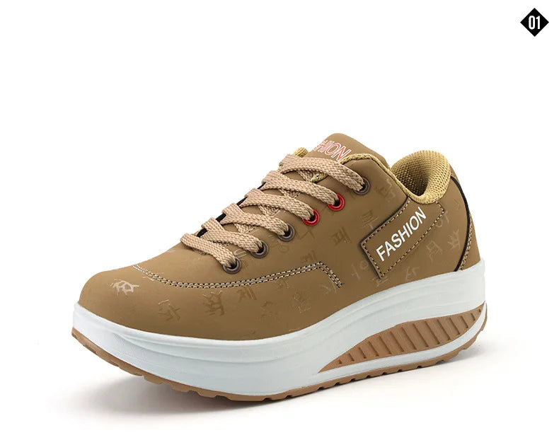 Women's lace-up wedge platform sneakers with rocker sole