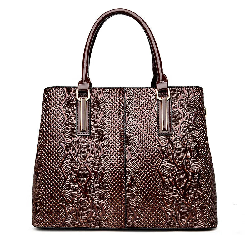 Dark brown faux leather tote with snake-pattern texture and structured shape for daily organization.
