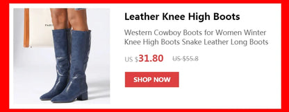 Blue leather knee-high boots with pointed toes and block heels worn by a woman.